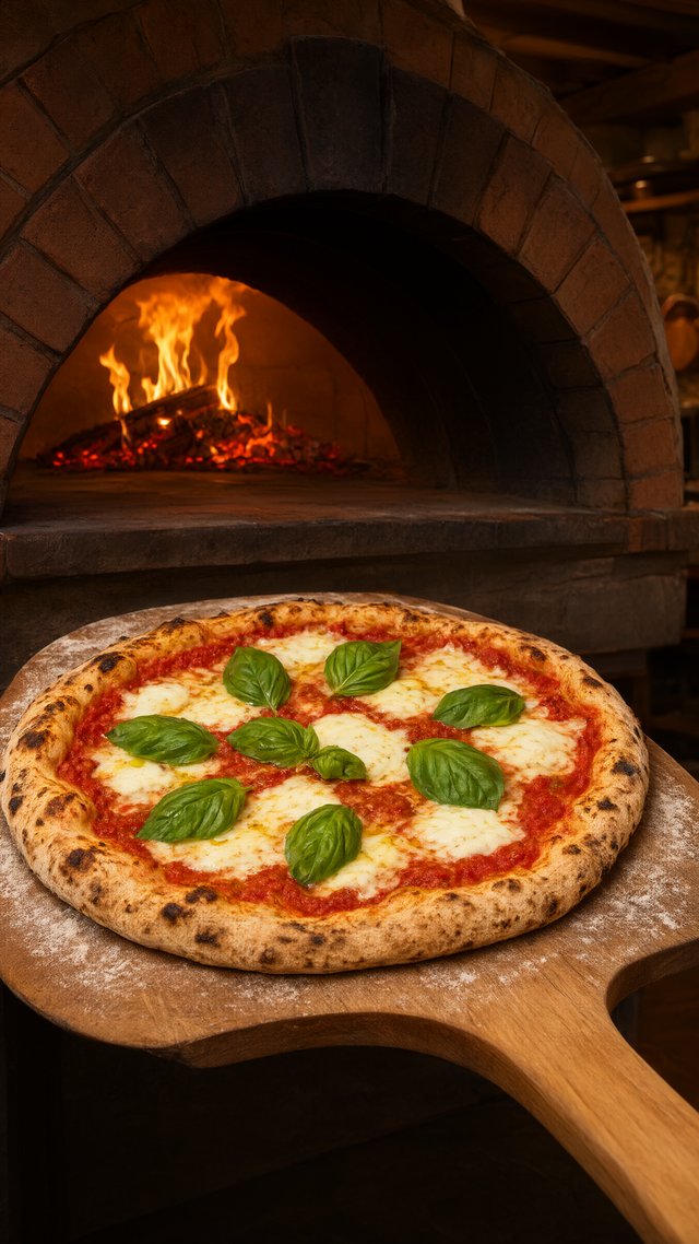 Pizza recién sacada del horno de leña de Bella Napoli
